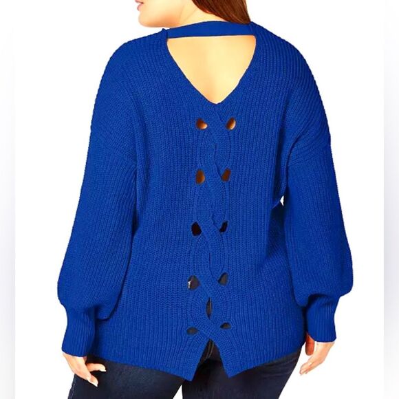 NY Collection blue cutout twist back knit sweater size large - Picture 4 of 8